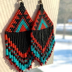 Handmade Native Beaded Fringe Earrings - Blue and Red - Large